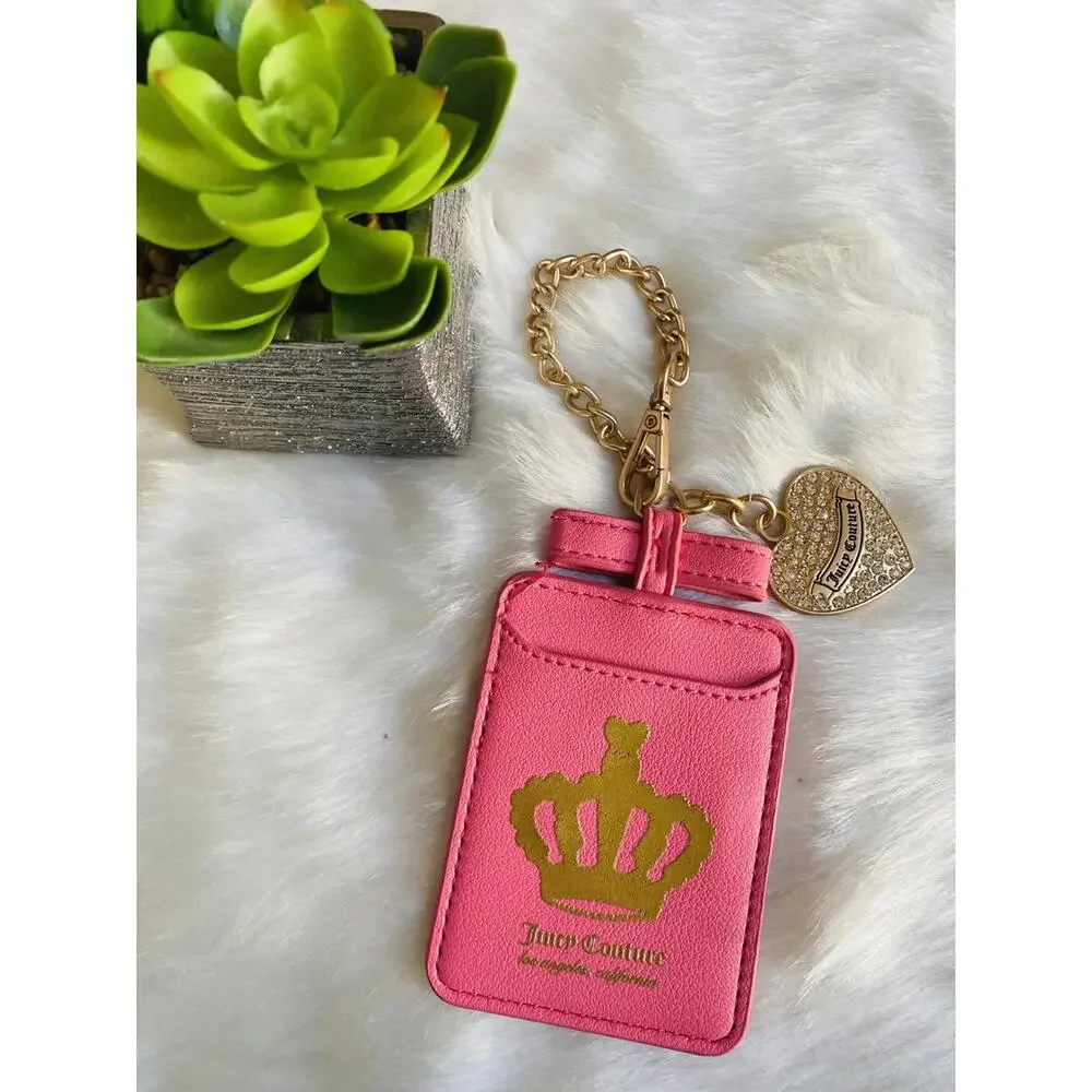 Juicy Couture Pink Leather Keychain with Gold Crown and Heart Charm